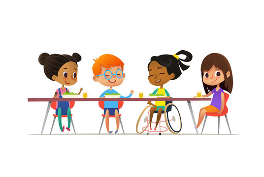 Girl in wheelchair sitting at table in canteen and talking to her friends. Happy multiracial kids having lunch. School inclusion concept. Vector illustration for website, advertisement, poster, flyer.