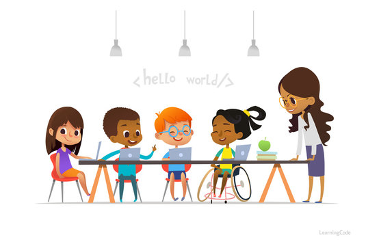 Disabled girl in wheelchair and other children sitting at laptops and learning coding during informatics lesson. School inclusive education concept. Vector illustration for website, advertisement.