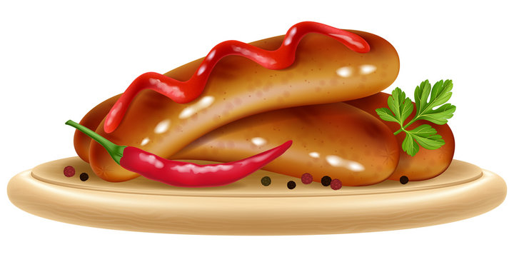 Grilled sausages with chili pepper and ketchup on a wooden plate. Vector illustration.