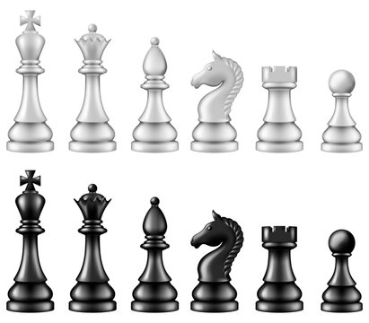 Chess pieces set, two versions - white and black. Vector illustration.