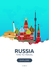 Russia. Moscow. Time to travel. Travel poster. Vector flat illustration.