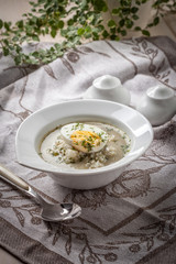 Sorrel soup with egg in white bowl.