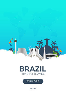 Brazil. Rio de Janeiro. Time to travel. Travel poster. Vector flat illustration.