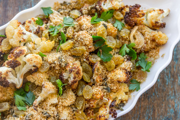 Crispy Cauliflower with Raisins Horizontal Image.