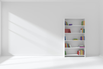 Empty white room with bookcase minimalist interior