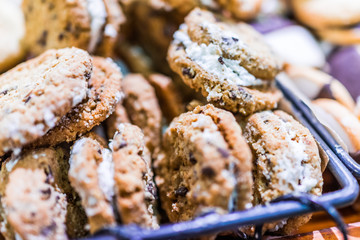 Chocolate chip sandwich cookies macro closeup