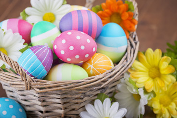 Fototapeta na wymiar Basket with colourful hand-painted Easter eggs