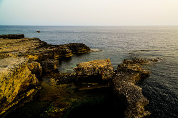 Sea view from Azure window natural arch, now vanished, Gozo island Malta