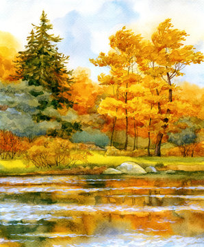 Autumnal forest on the lake
