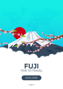 Japan. Fuji. Time to travel. Travel poster. Vector flat illustration.