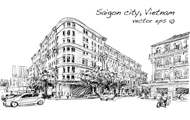 Sketch cityscape of Saigon city (Ho Chi Minh) show Union Square and Hotel Continental- modern and classic building, illustration vector
