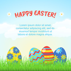 Happy Easter greeting card or poster with Eggs, Grass, Flowers