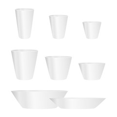 Vector set of realistic kitchenware. Isolated glass, pot and bowl on white