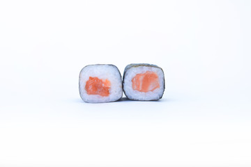 Tasty Japanese seafood sushi rolls, Salmon isolated on white background.