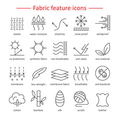 Fabric feature line icons. Pictograms with editable stroke for g