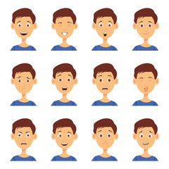 Set of male emoji characters. Cartoon style emotion icons. Isolated boys avatars with different facial expressions. Flat illustration men's emotional faces.
