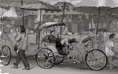 Fototapeta na wymiar Sketch cityscape of Chiangmai, Thailand, show local tricycle and people, illustration vector