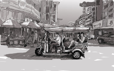 Fototapeta na wymiar Sketch cityscape of Chiangmai, Thailand, show local motor tricycle Tuk on street, illustration vector