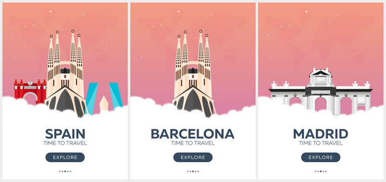 Spain. Time to travel. Set of Travel posters. Vector flat illustration.