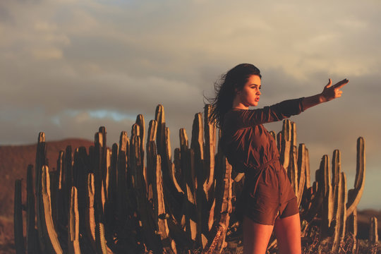 Pretty Girl Wearing Sexi Brown Shirt At Desert Cacti