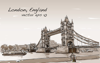 cityscape drawing sketch Tower Bridge, London, England in Sepia tone, illustration vector