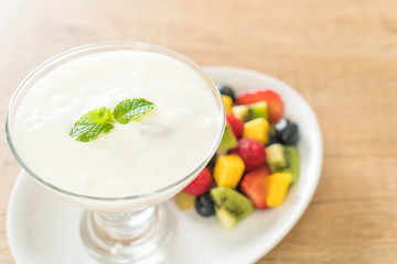yogurt with mixed fruit (strawberry, blueberries, raspberry, kiwi, mango)