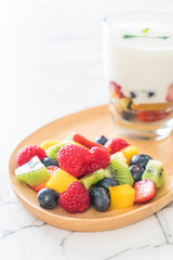 yogurt with mixed fruit (strawberry, blueberries, raspberry, kiwi, mango)