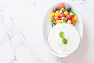 yogurt with mixed fruit (strawberry, blueberries, raspberry, kiwi, mango)