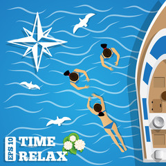 Rest on the yacht. View from above. Vector illustration.