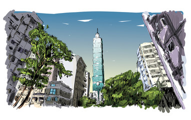 sketch of cityscape show urban street view in Taiwan, Taipei building, illustration vector