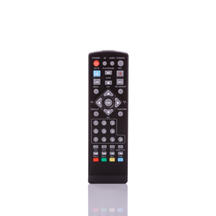 Black remote control for television. Studio shot isolated on white