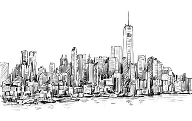 Sketch of cityscape in New York show Manhattan midtown with skyscrapers, illustration vector