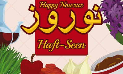 Traditional Elements for Nowruz Haft-Seen Table Setting, Vector Illustration