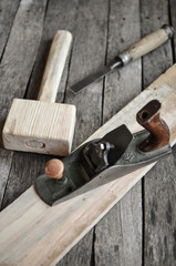 Carpentry tools on an old board table