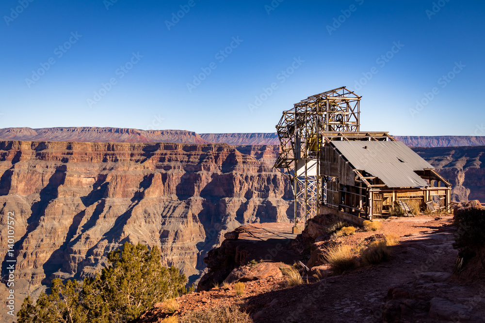 Sticker Abandoned cable aerial tramway of mine at Guano Point - Grand Canyon West Rim, Arizona, USA.