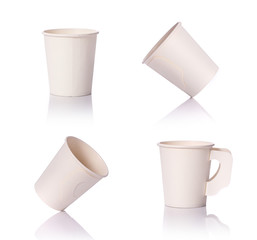 Set blank white paper cup for coffee or hot drink. Studio shot isolated on white