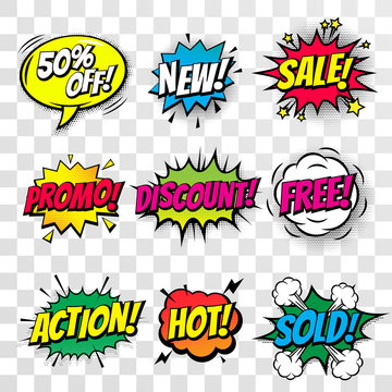 Sale discount shopping comic text bubble vector isolated icons set