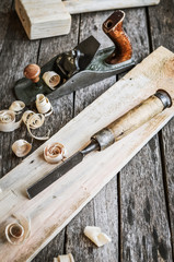 Carpentry tools on an old board table