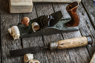 Carpentry tools on an old board table