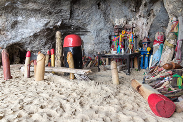 Wooden phalluses in Princess cave (Pranang cave). South Railay beach in Krabi. Thailand. - 140109120