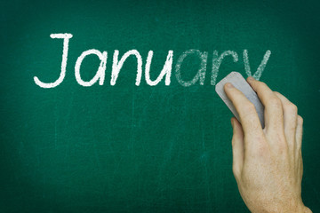Hand erasing the word JANUARY written on blackboard