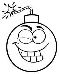 Black And White Winking Bomb Face Cartoon Mascot Character With Expressions. Illustration Isolated On White Background