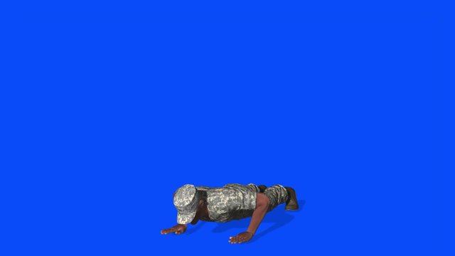 Soldier doing quick set of push ups isolated on chromakey blue background