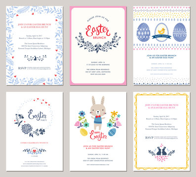 Vector Easter Party Invitations and Greeting Cards with eggs, flowers, floral wreath and frames, rabbit and typographic design.