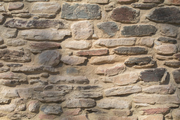 Ancient antique stone wall of medieval monastery or fortress. vintage background texture of masonry stone cement with cracks. Building facade.