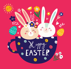 Easter illustration in cartoon style with funny bunnies in the cup