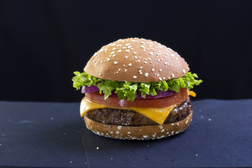Burger with cheese, lettuce, tomato and red onion