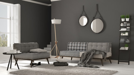 Scandinavian living room with couch, armchair and soft fur rug, minimalist white and gray interior design
