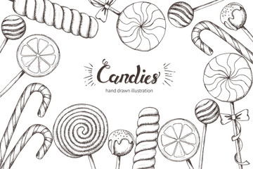 Background with hand-drawn candies isolated on white. Lettering. Sweet menu. Desert. Sketch. Vector design
