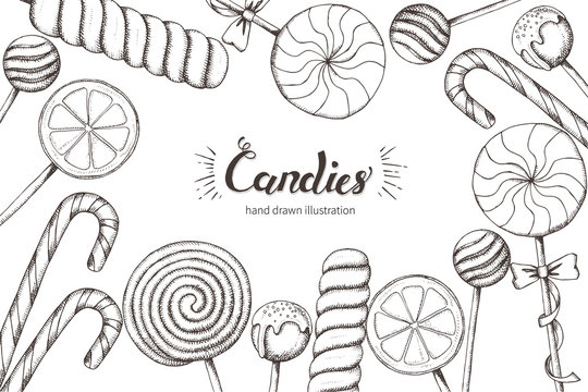 Background with hand-drawn candies isolated on white. Lettering. Sweet menu. Desert. Sketch. Vector design